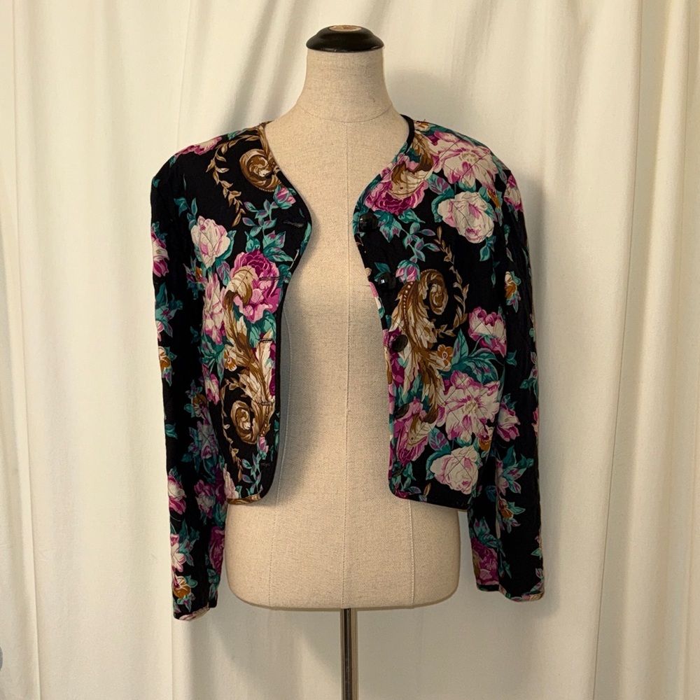 Vintage Marilyn Cropped Floral Quilted Jacket - Black with Pink & Teal Floral